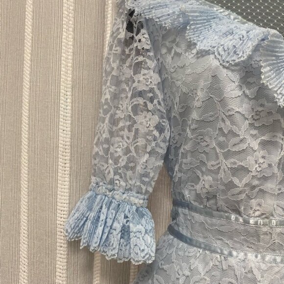 Vintage 70’s / 80’s Blue Lace High Collar Dress‎ Vintage  Size 9/10 Union Label - Picture 3 of 16